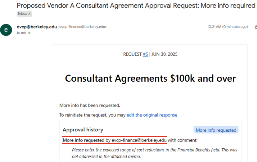 Email requesting additional info via Form Approvals interface